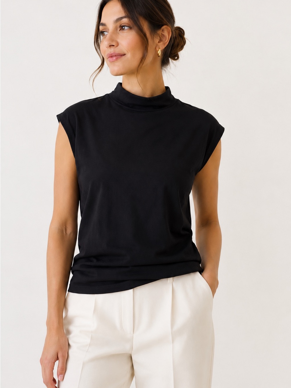 Quince Black Mock Neck Cap Sleeve Tank